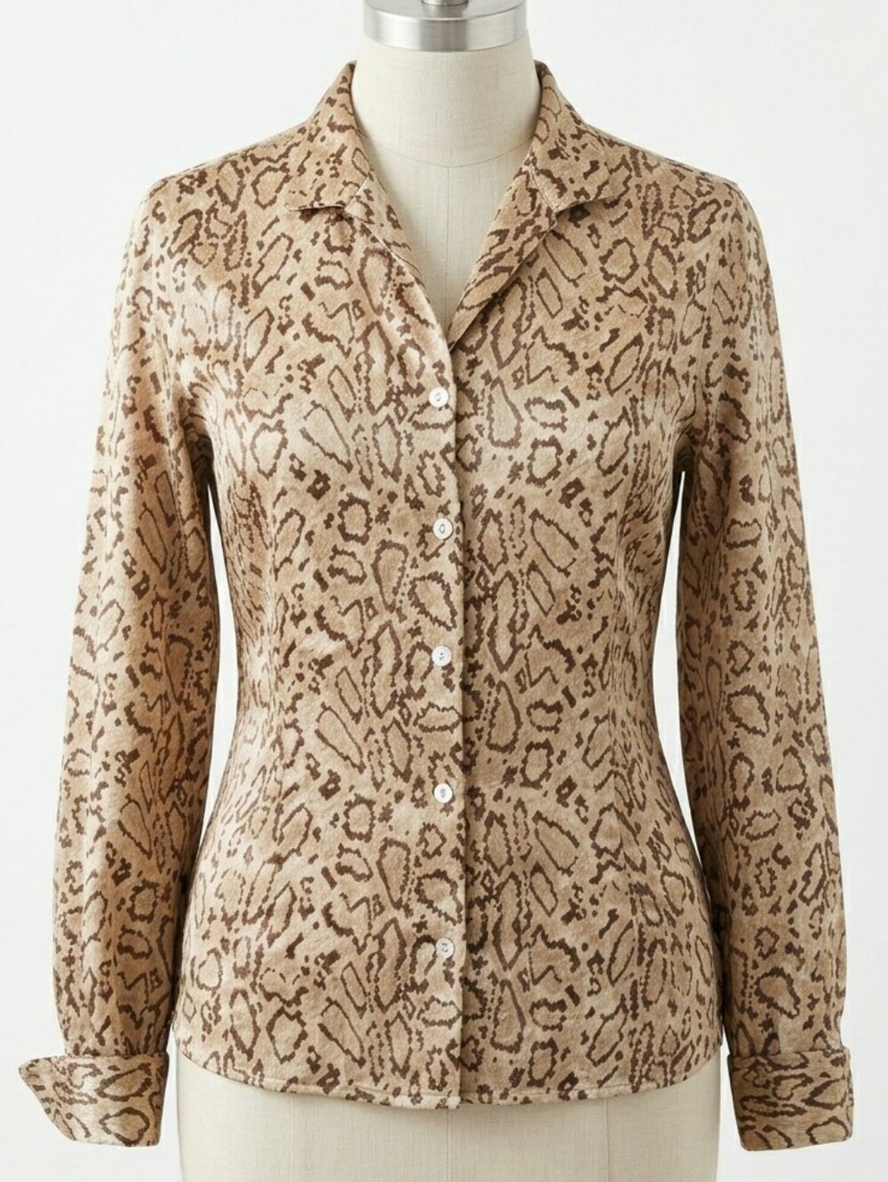 Vintage 90s Silk Snake Print Blouse Beige Brown Satin Collared Button Up M